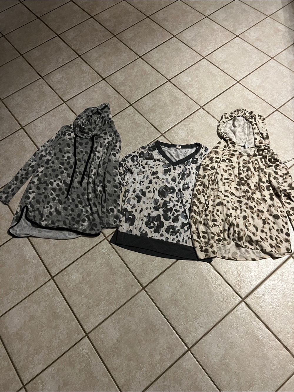 white birch Leopard Print Long Sleeve Tops in Gray, Black, and Cream